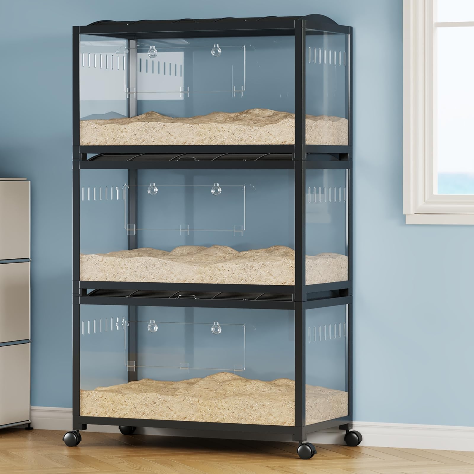 Litake Large Hamster Cage, 3-Tier Gerbil Cages with Running Wheel, Water Bottle, Food Bowl, Ramps, Portable Hamster House with 7 in Deep Glass Bottom for Syrian, Hamster, Gerbils (Metal Black)