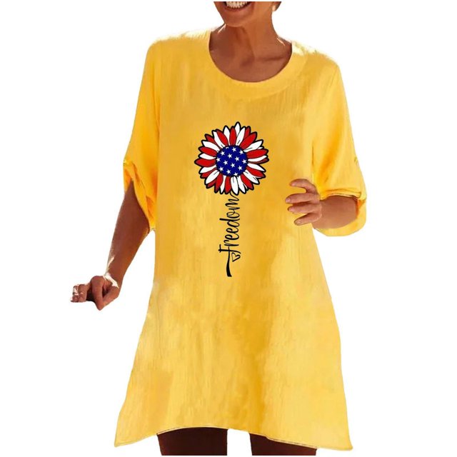 Haut en Coton Lin à Manches 3/4 Imprimé Solaire Classique Exquis pour Femmes Été Automne (Jaune, m)
