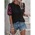 thumbnail image 4 of Dycnvjo Women Floral Embroidered Textured Tops Crewneck Puff Short Sleeve Casual Loose Solid Embroidery Blouses Shirts, 4 of 7