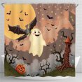 thumbnail image 1 of Cheerful Ghost Halloween Shower Curtain - Spooky Decor with Bats & Pumpkins!, 1 of 4