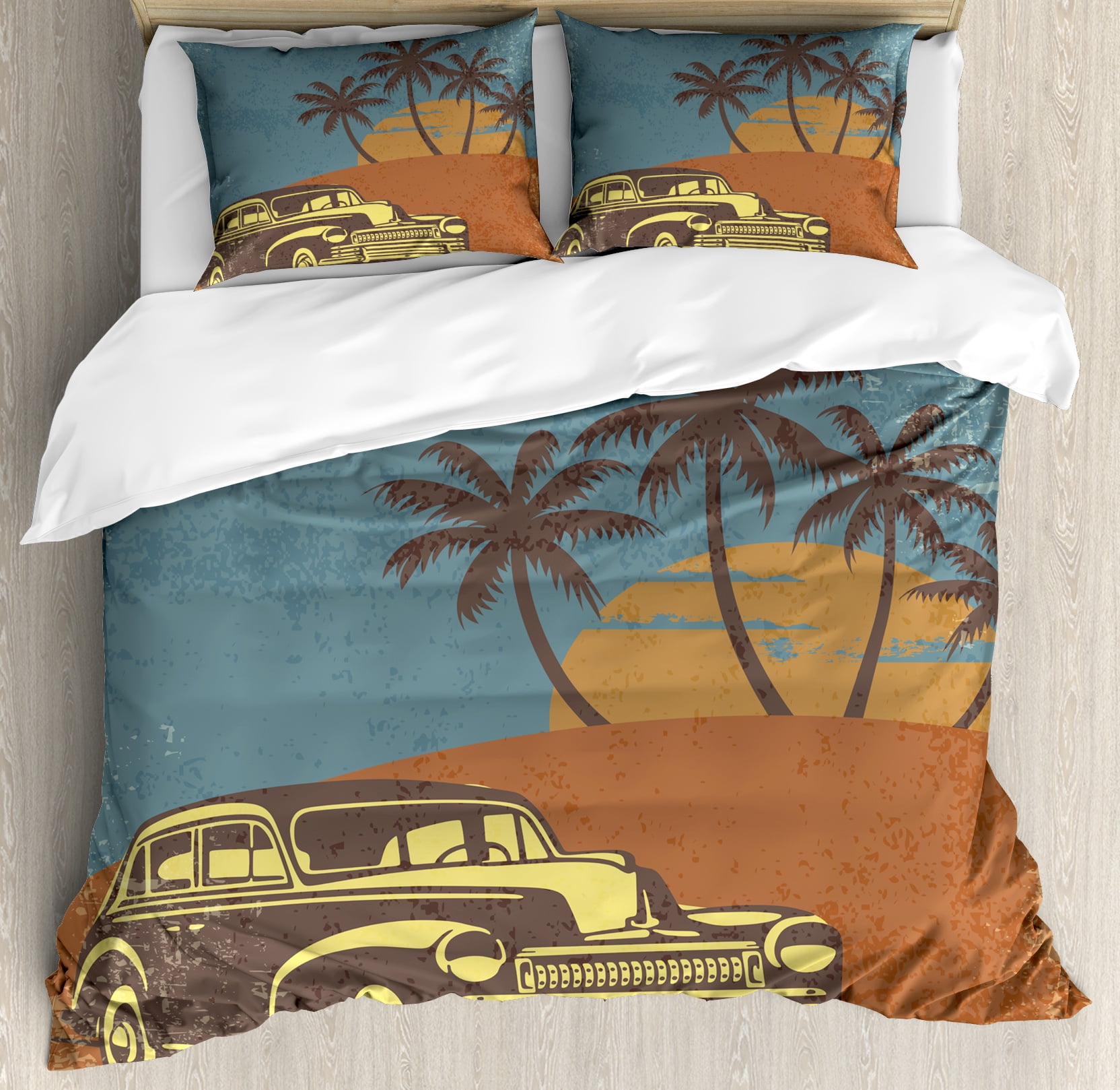 Cars Duvet Cover Set Vintage Car On The Beach With Palm Trees At Cars Duvet Cover Set Vintage Car On The Beach With Palm Trees At Sunset Grunge Display Decorative Bedding Pillow Shams Blue Dark Orange Pale