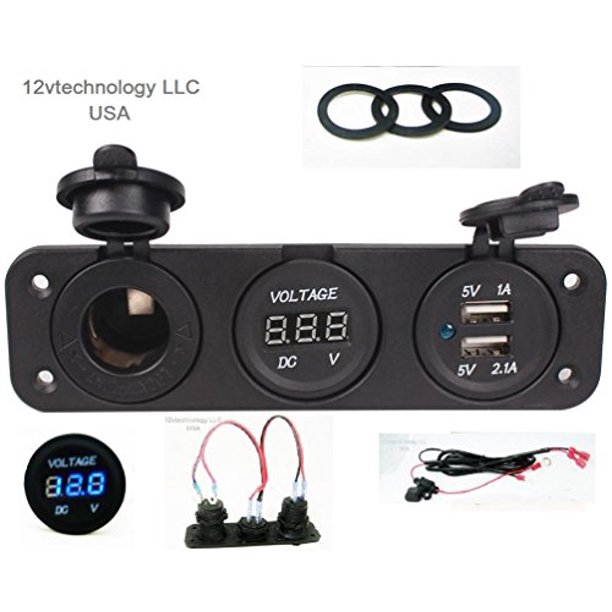 With Jumper Cable Triple 3.1 Amp USB Charger + Voltmeter + 12 Volt Plug Socket Panel Dash Marine