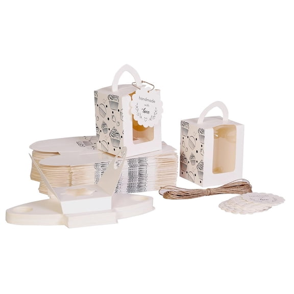 Paper White Cupcake Boxes (Pack of 50), Single Cupcake Carrier With Window, Insert And Handle For Pastry, Muffins, Cookies, Macaroons | Party Favor Packing