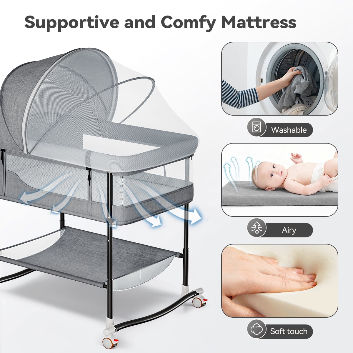 Baby Bassinet, Caveen 4 in 1 Adjustable Infant Bedside Crib Beds with Changing Table, Storage Basket, Wheel, Mosquito Net, for 0-24 Months, Gray