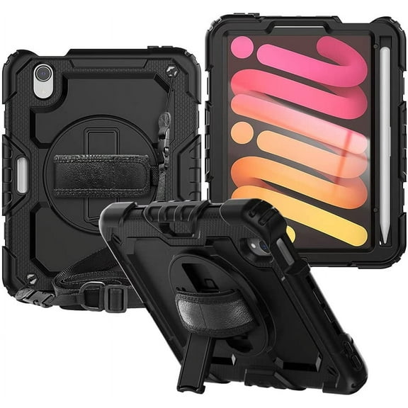 Timoom Case for iPad Mini 6 2021 8.3 inch with Screen Protector Pencil Holder 360 Stand Hand Strap Kids Shockproof Heavy Duty Rugged Cover for iPad Mini 6th Generation,Black