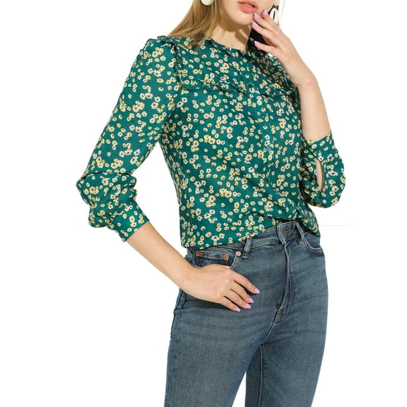 Allegra K Women's Ruffled Floral Print Relax Fashionable Long Round Neck Shirt XL Green