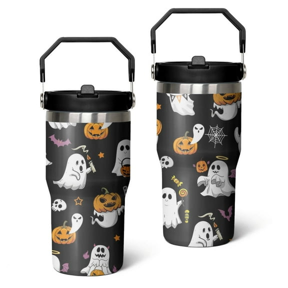 Autumn Halloween Travel Cup 30oz - Trick Treat Candy Theme with Pumpkin - Triple Insulated Stainless Steel Tumbler, Leak Proof Flip Straw