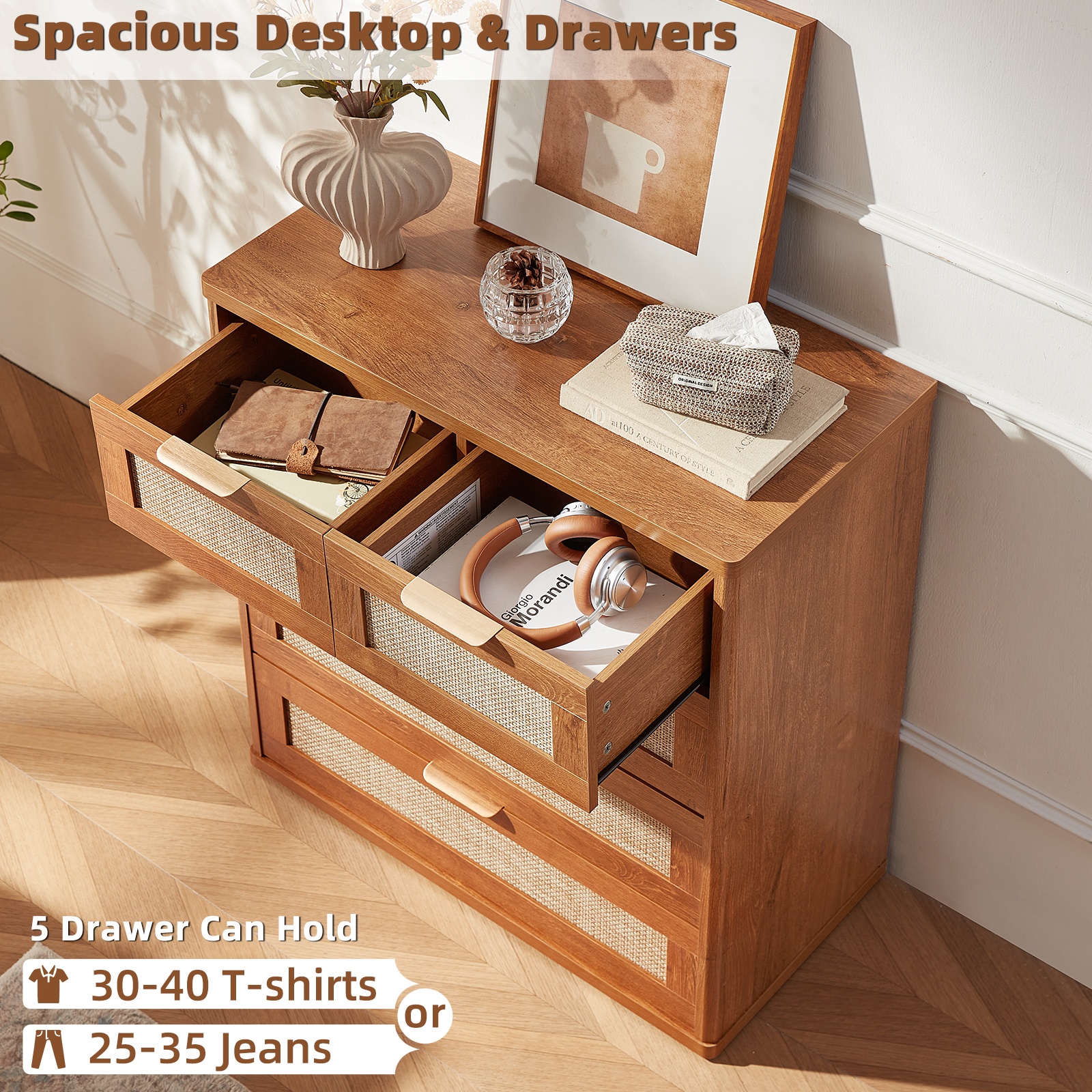 2 Pcs Rattan Drawer Dresser for Bedroom, Tea Brown Wooden Chest of Drawers, Modern 5 Drawer Chest Storage Dresser for Closet, Living Room, Hallway