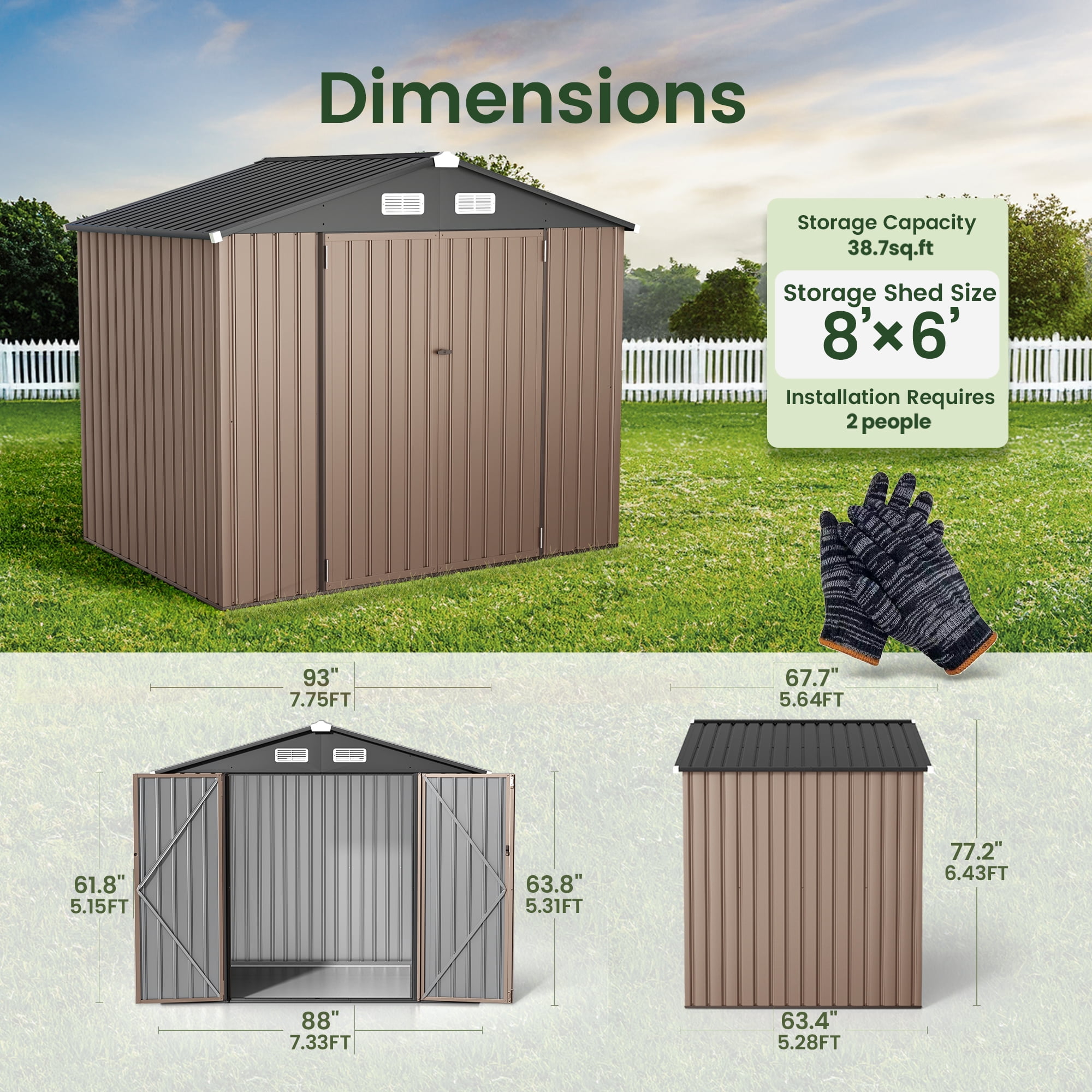 GVDV Metal Shed, 8 x 6 ft Metal Outdoor Storage Shed with Updated Frame, Lockable Doors & Waterproof, Brown