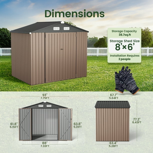 GVDV Metal Shed, 8 x 6 ft Metal Outdoor Storage Shed with Updated