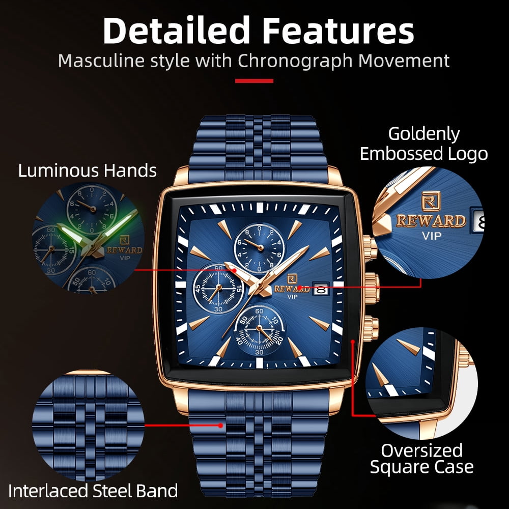 Square Watches for Men Blue Stainless Steel Chronograph Fashion Business Watch Luminous Waterproof Casual Wrist Watches