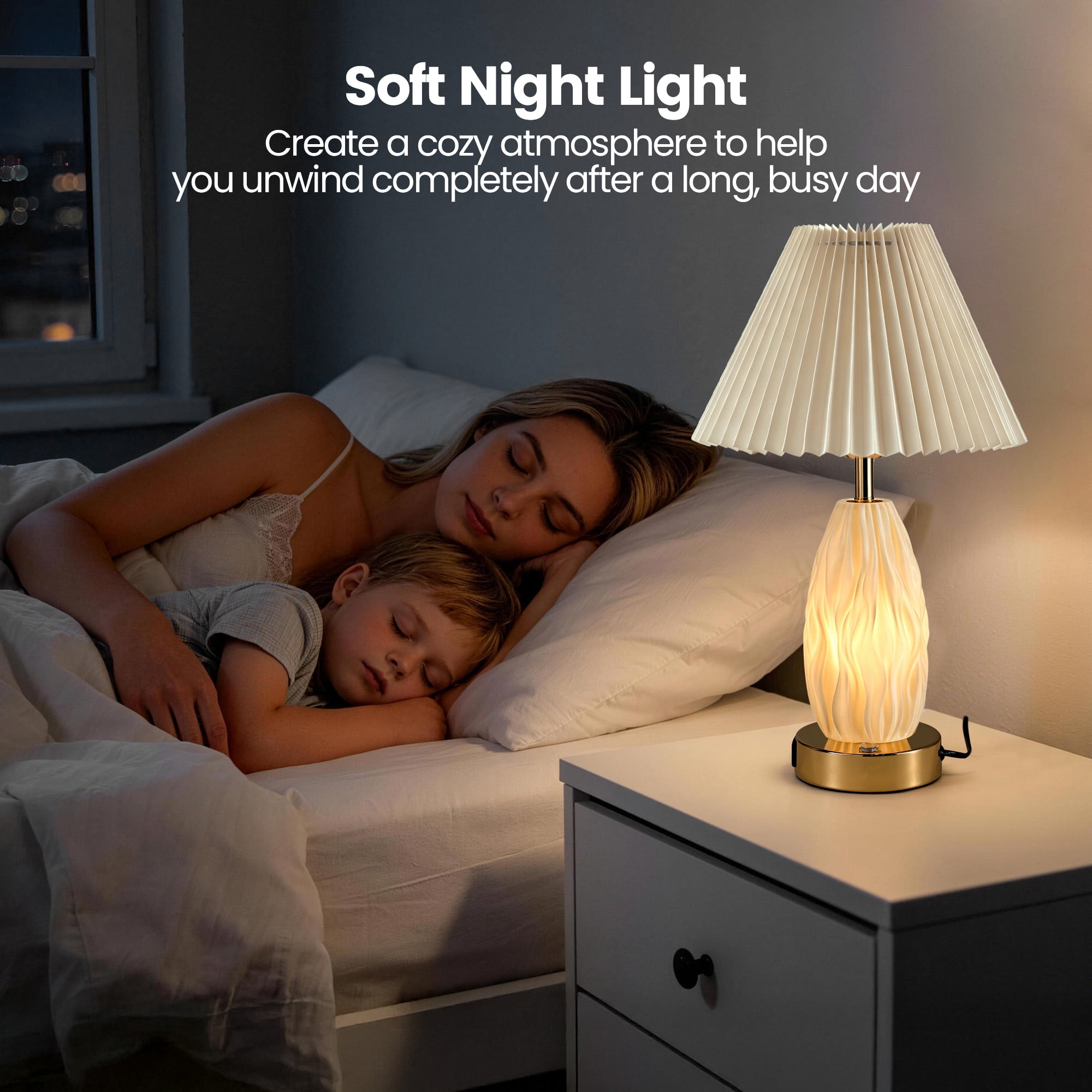 HadinEEon 17.5" Table Lamp with USB A&C Ports and Night Light, Touch Control 3 Way Dimmable Beside Lamp, for Bedroom Living Room Office, Beige