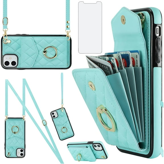 REQO Phone Case for iPhone 12 Mini 5.4 Wallet Cover with Tempered Glass Screen Protector and Wrist Strap Ring RFID Blocking Credit Card Holder Cell iPhone12mini 5G i 12s iPhone12 12mini Women Teal
