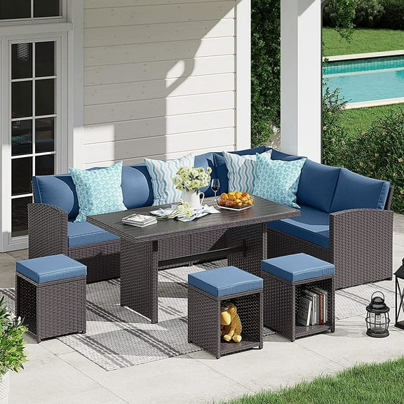 JOIVI 7 Piece Patio Furniture Set, Outdoor Dining Sectional Sofa Set with Aluminum Table and Ottoman, Rattan Wicker Conversation Set, Aegean Blue