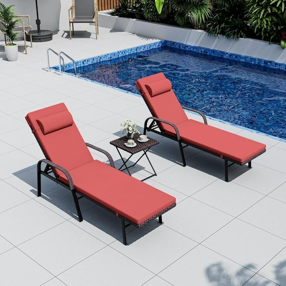 ASJMR 2PCS Adjustable Rattan Lounge Chairs With Folding Table & Cushions,3 Pieces Outdoor Patio Chaise Recliner Set,Red