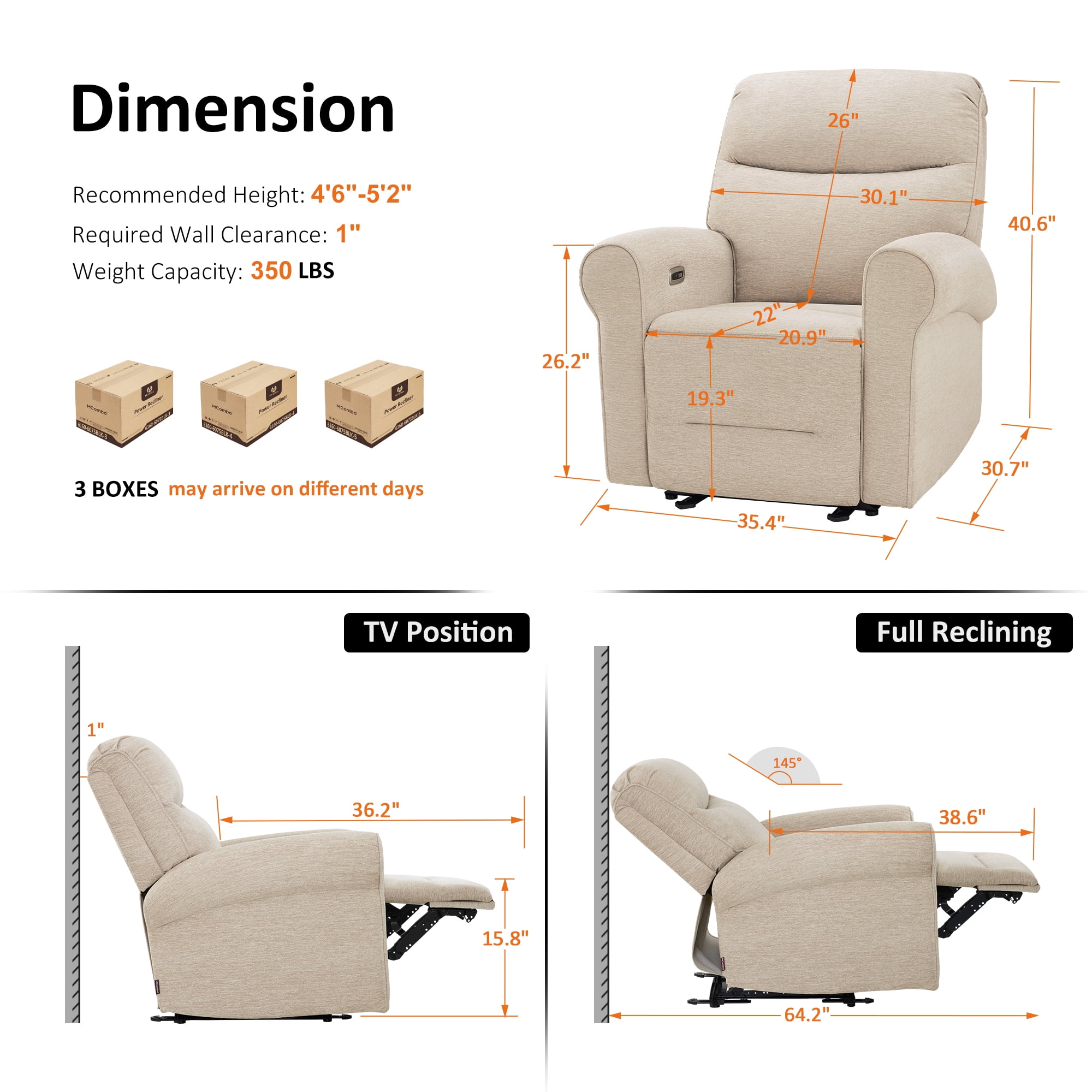 MCombo Small Wall Hugger Power Recliner Chair for Small Space RV Living Room, , Modern Roll Arm Recliner, Fabric, Beige