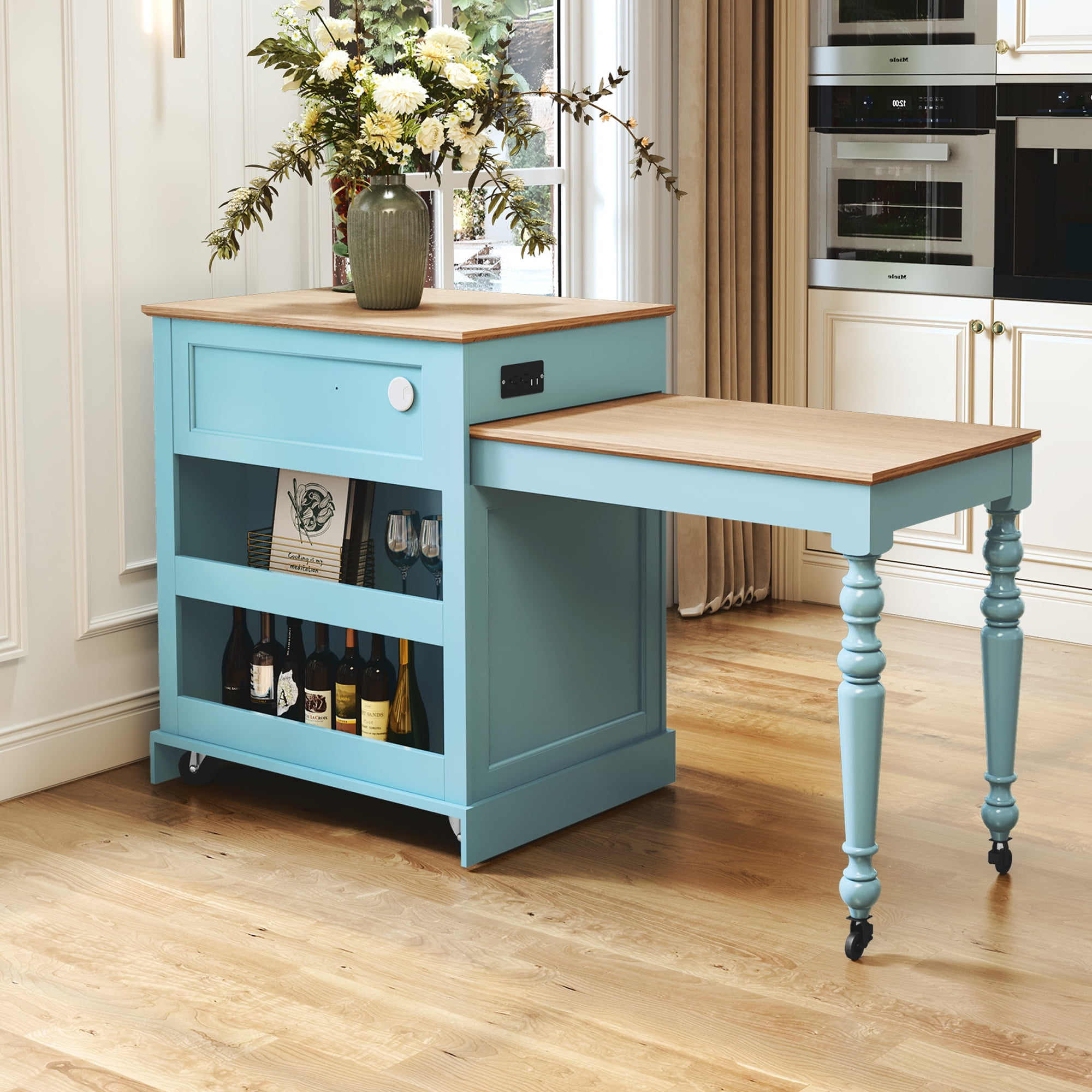 HLR 78.74" Mid-Century Extendable Kitchen Islands on Wheels with Roman column legs, Dining Table Cart with Storage, Blue
