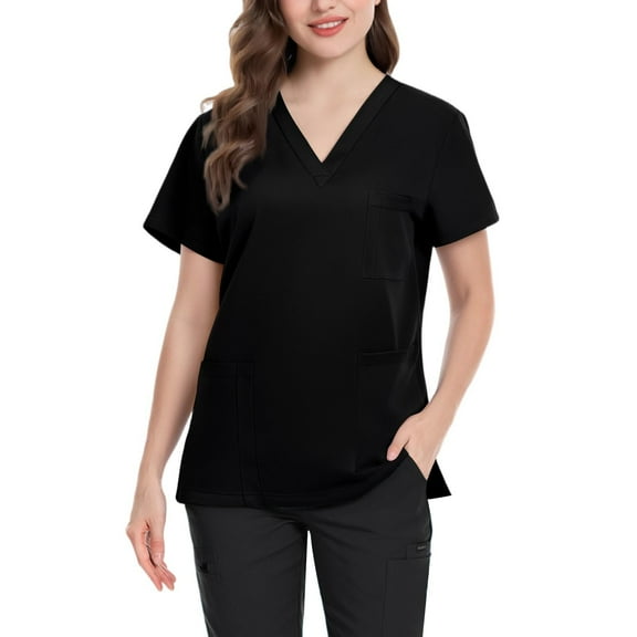 Womens Summer Tops Medical Scrubs, Lightweight Scrub Top Shirt V-Neck Multi Pocket Side Slit Short Sleeve Work Casual Polyester Solid Color Black M