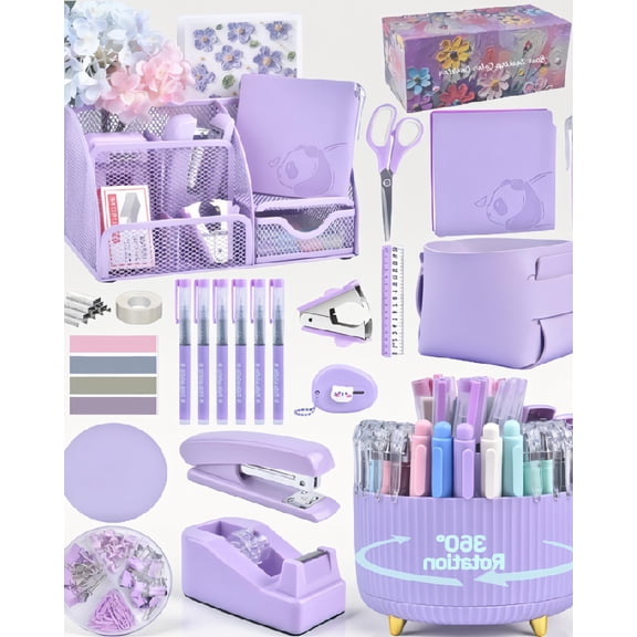 SWOEBTH 20-Piece Purple Desk Set with Organizer, ° Rotating Pen Holder, Stapler and Office Supplies, Gift Box Included
