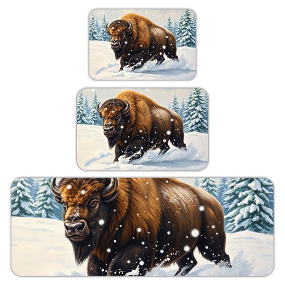 RKSupls Kitchen Rug Set 3 Piece Anti-Slip Flannel Floor Mats, Bison Snow Winter Washable Absorbent Runner Mats for Kitchen Bathroom Home Decor