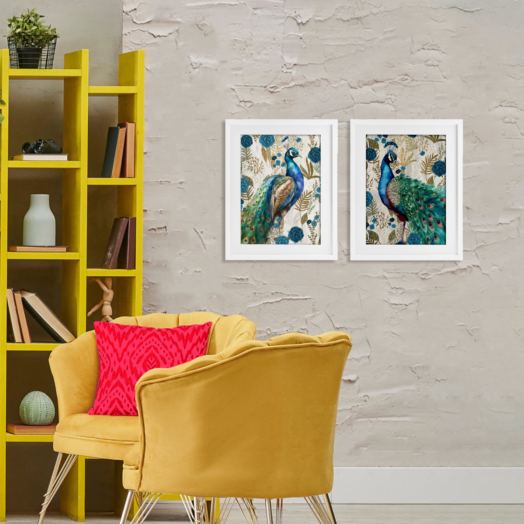 Stupell Industries Floral Peacock Pride 2 Piece White Framed Print Under Glass Set, design by Kim Allen