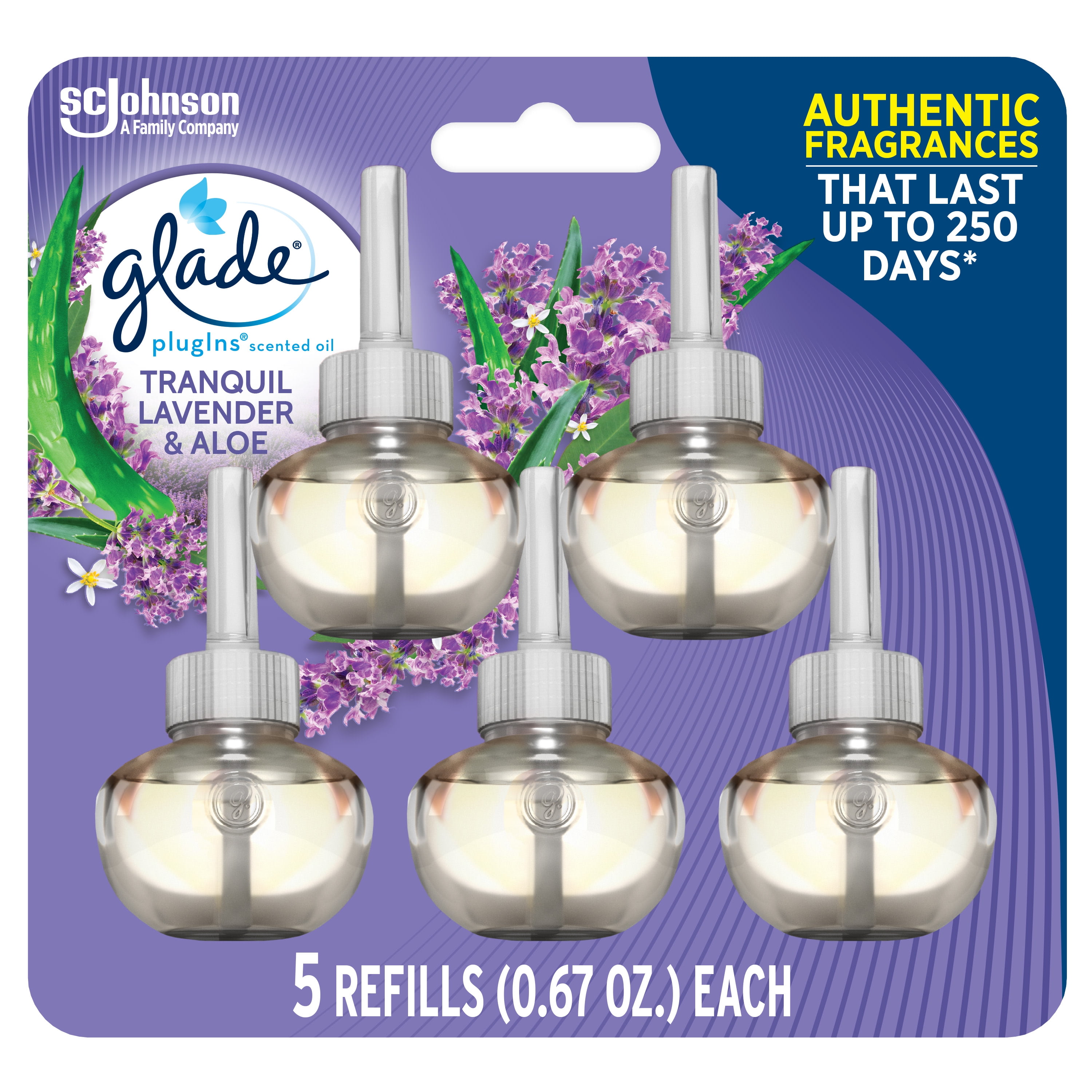 Glade PlugIns Refill 5 CT, Tranquil Lavender & Aloe, 3.35 FL. OZ. Total, Scented Oil Air Freshener Infused with Essential Oils