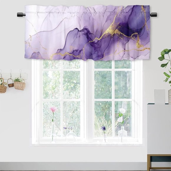 Purple Gloden Marble Window Valances Modern Aesthetic Abstract Marble Valance Rod Pocket Window Curtain for Kitchen or Bathroom 54x18inch(1Pcs)
