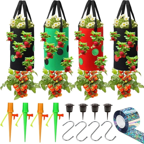 4Pcs Hanging Grow Bags 13 Holes Upside Down Strawberry & Tomato Planter Multi-Function Strawberry Planting Growing Bag With Organic Watering System