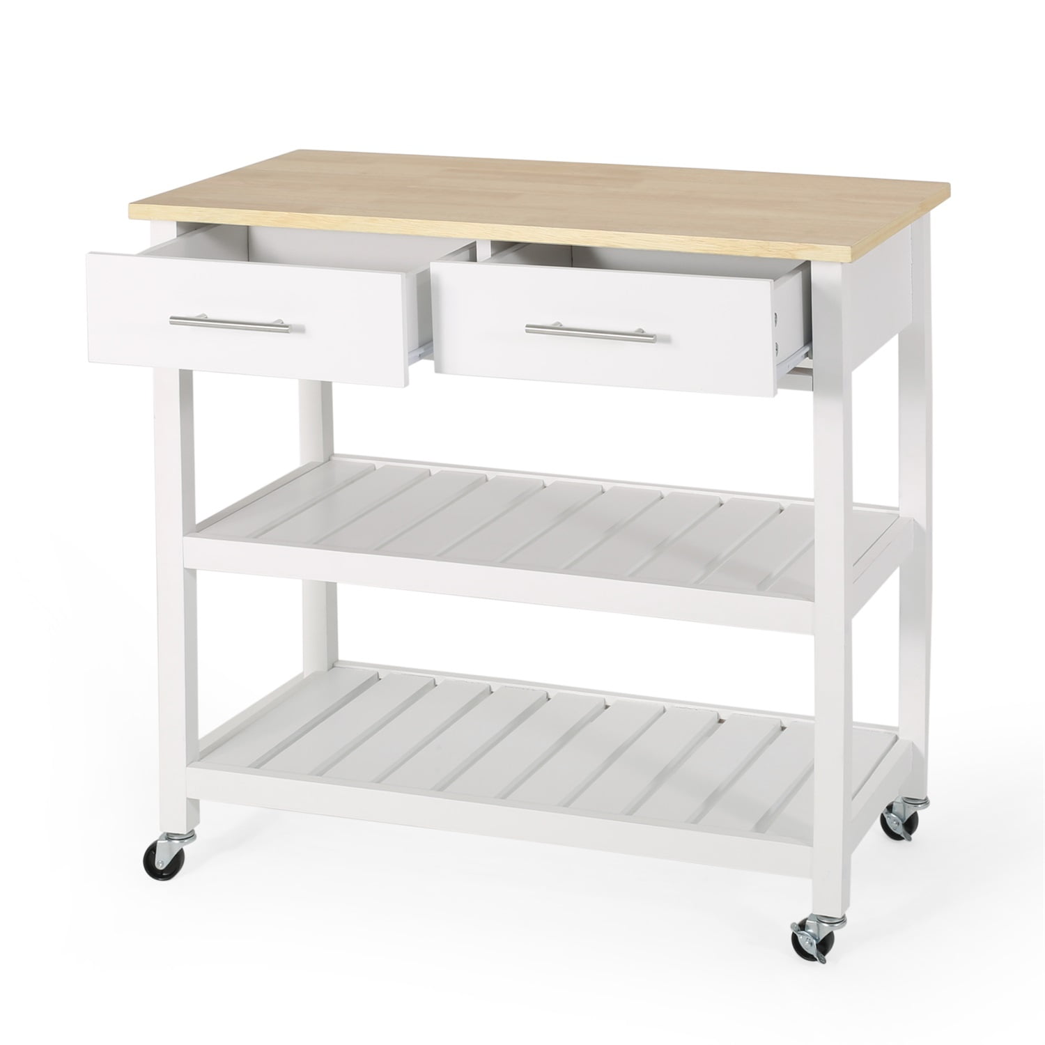 Kadyn Kitchen Cart, Kitchen Island Cart with 2 Drawers and 2 Slatted Shelves, Modern Kitchen Cart Table with White, White Kadyn Kitchen Cart, Kitchen Island Cart with 2 Drawers and 2 Slatted Shelves, Modern Kitchen Cart Table with White, White