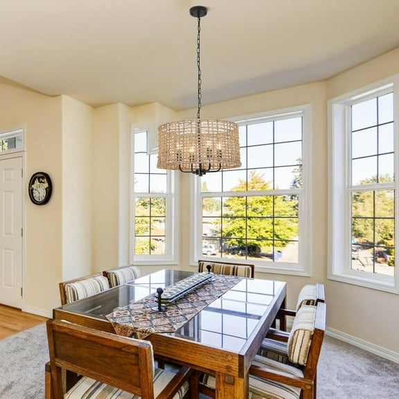 OUKANING Hemp Rope Cage Pendant Lamp 4-Light Rattan Wicker Drum Chandeliers for Dining Room, Hand Woven Bohemian Pendant Chandelier Light Fixture for Kitchen Island Living Room Bedroom Hallway Foyer