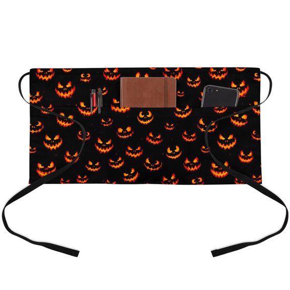 Halloween Waitress Apron with 3 Pockets, Orange Red Horror Classic Black Server Aprons Waterproof Kitchen Restaurant Half Waist Apron for Men Women