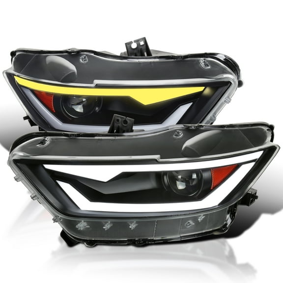 Spec-D Tuning Black HID/Xenon Projector Headlights with Fiber Optic Sequential Switchback Dynamic LED Strip Compatible with 2015-2017 Ford Mustang Models, Left   Right Pair Headlamps Assembly