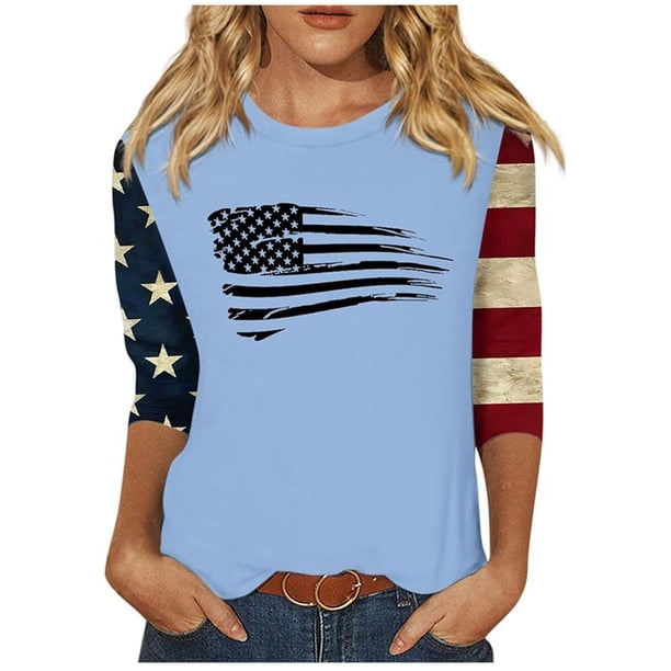Camisetas de Manga Corta para las Mujeres Día de la Independencia Patriótica Impresa 3/4 Manga Cuello Redondo, Camiseta Casual para Diarios Y Festivales
