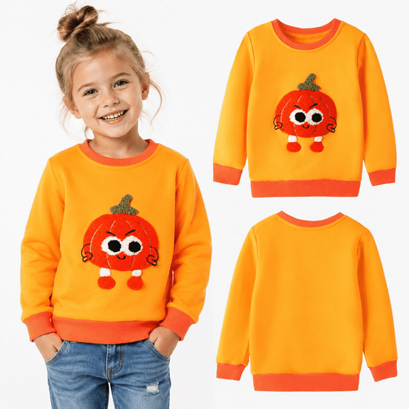 HILEELANG Kids 12M-7Y Halloween 103% Cotton Crewneck Sweatshirt, Pumpkin Graphic, Orange