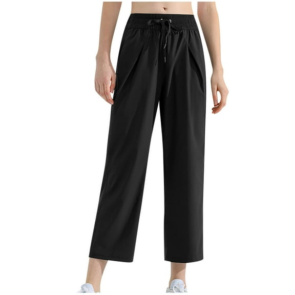 Tnhcen Women's Casual High Waisted Elastic Waist Wide Leg Cropped Trousers Pocket Pants Loose Fit Comfortable Streetwear S-XL Stretch Ankle Pants
