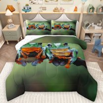 Homewish Cute Cartoon Frog Queen Comforter Set,Rustic Animal Bedding Sets,Green Orange Bedding Comforter Set For Boys Kids,Luxury Bedroom Decor Reversible,3-Piece