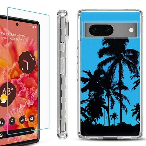 Shockproof Bumper Phone Case for Google Pixel 7, with Tempered Glass Screen Protector, by OneToughShield ® - Tropical Summer