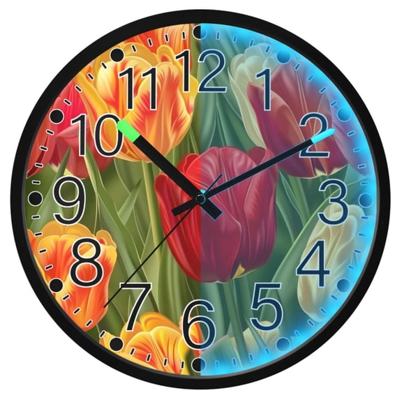 Ryvnso Tulip Flowers Green Leaf 12 Inch Night Light Wall Clock Silent Battery Operated Luminous Clocks