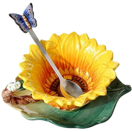 

Ceramic Coffee Mug and Saucer set with Spoon 3D Handmade and Hand-painted Design Tea Mug Birthday Gifts for Women 8oz sunflower F129753
