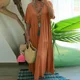 thumbnail image 3 of Vestido largo plisado de manga corta con cuello en V profundo para mujer, vestido de verano, vestido de cintura suelta, Color sólido, cómodo, informal, 3 of 5
