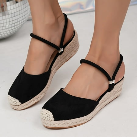 

Solid Color Stylish Sandals Two-way Wear Platform Slip On Summer Slides Closed Toe Espadrilles Wedge Beach Shoes