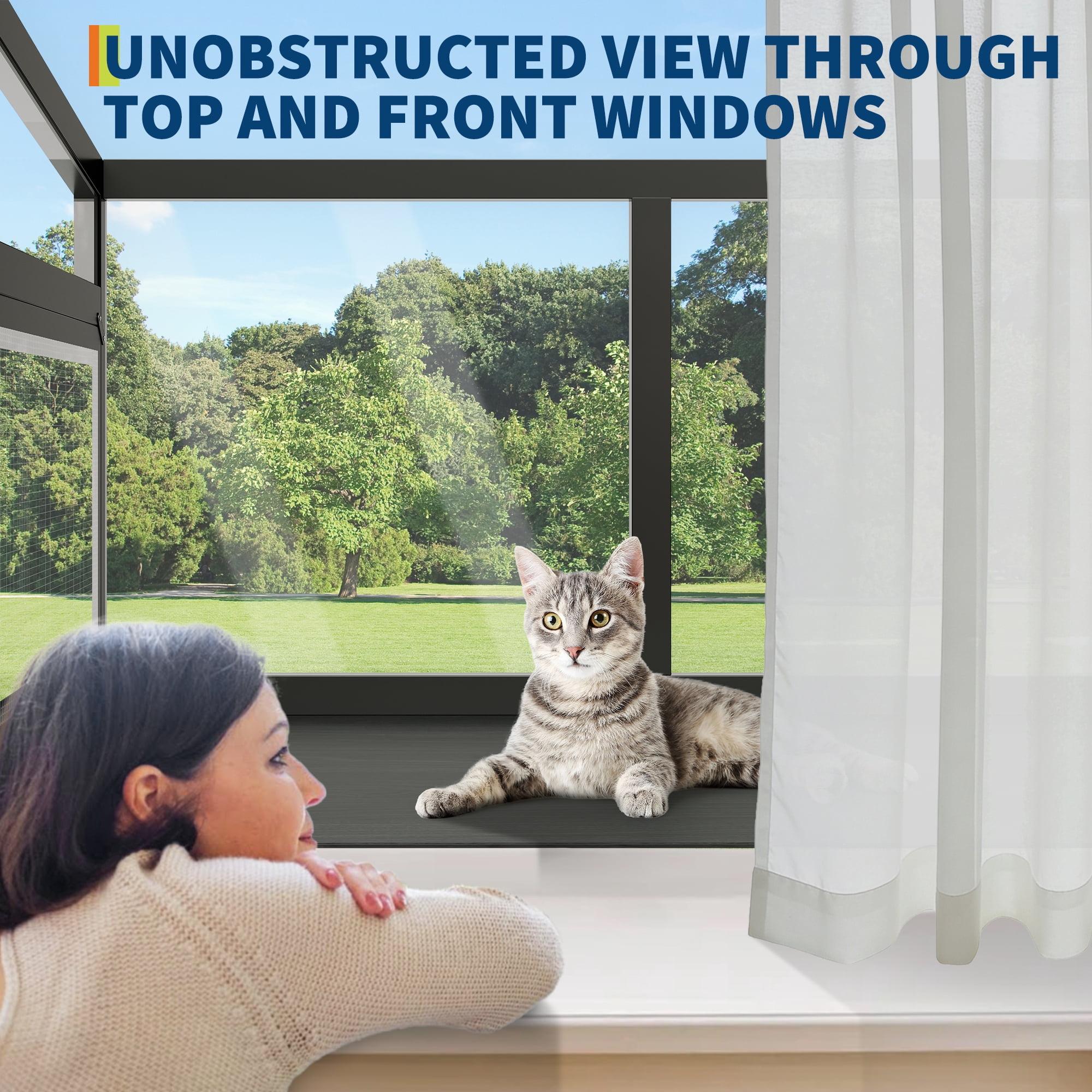 Weatherproof Cat Window Box Enclosure for Indoor Cats, Clear View Outdoor Cat House, Sturdy Wooden Window Perch for Sunbathing & Birdwatching, Fits 24"-38" Windows, Black