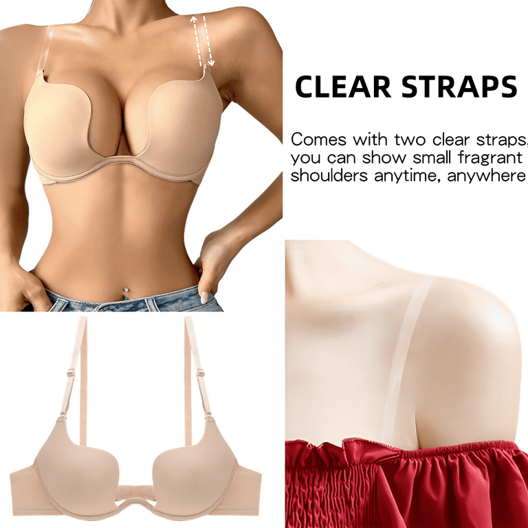 Womens Low Plunge Push Up Bra with Clear Straps Low Cut