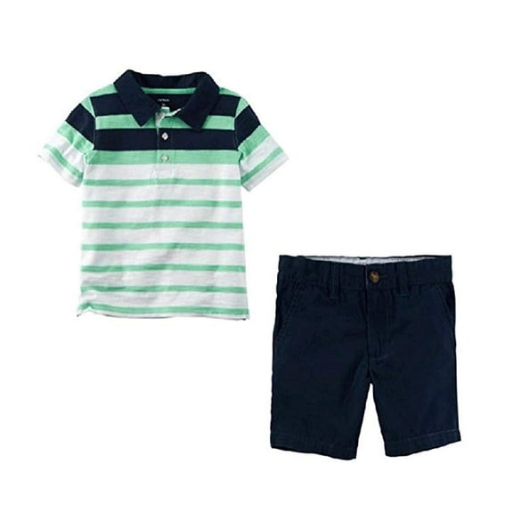 Carter's Boys 2 Pc Striped Polo Shirt Tee and Flat Front Shorts Set Aqua Navy Stripe Polo Navy Flat Front Shorts, 4T