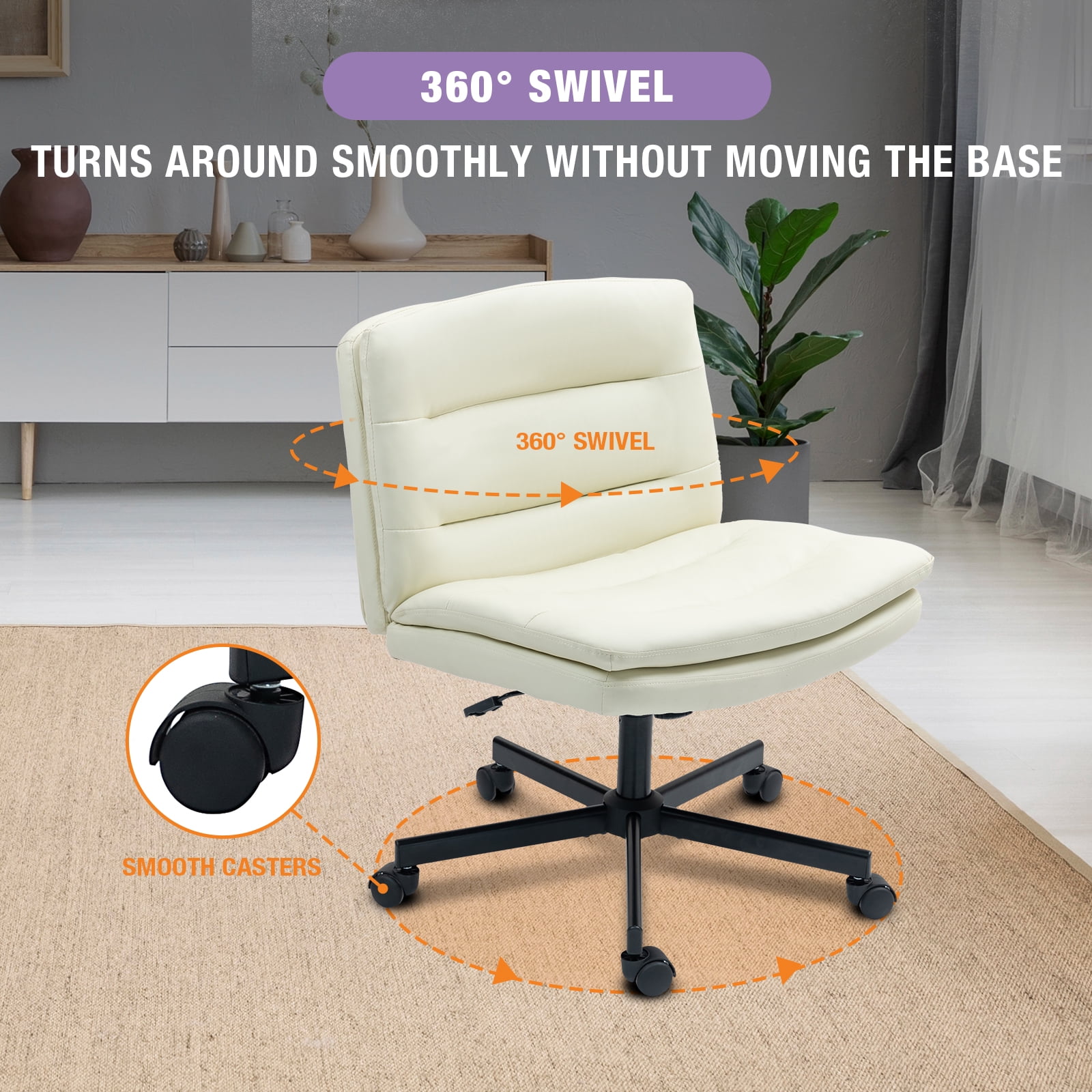 Criss Cross Legged Chair Ergonomic Home Office Desks Chair with Casters, Armless Wide Comfy Vanity Desk Seat Swivel Rolling Computer Chair, Adjustable Height, Rocking Function, Beige