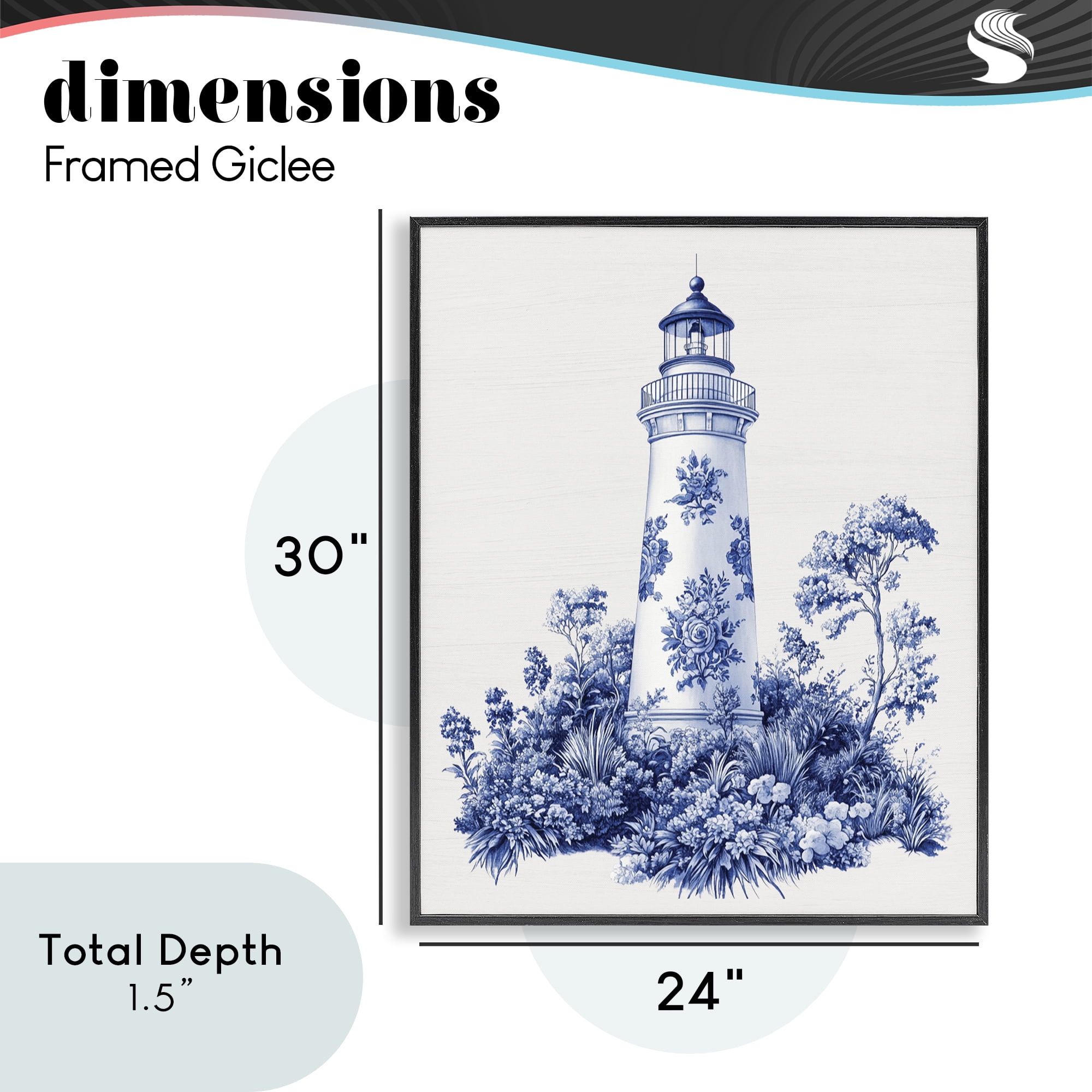Toile Patterned Lighthouse Black Framed Giclee Art, design by Lettered and Lined