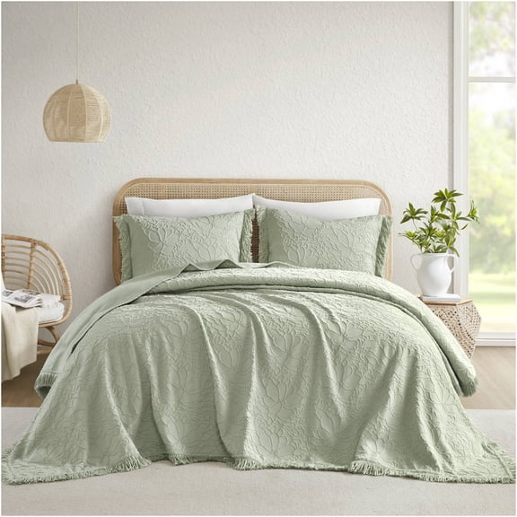 JERFIT Queen Size 3-Piece Bedspread Set, Sage Green Floral Chenille Bed Cover with Fringe, Lightweight & Breathable Poly-Cotton Blend