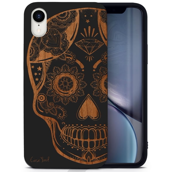 Wood phone case for iPhone XR compatible protective cell phone cover shockproof slim fit laser engraved Ice Skull design Black wood case for Men & Women by CaseYard