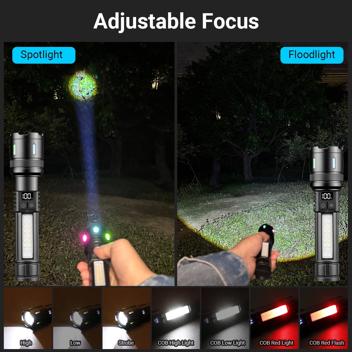 2pack High Lumens Rechargeable Flashlights,7Modes Super Bright Waterproof Handheld Powerful Flashlight with COB Sidelight and LCD Power Display for Emergencies/Home/Camping/Outdoor