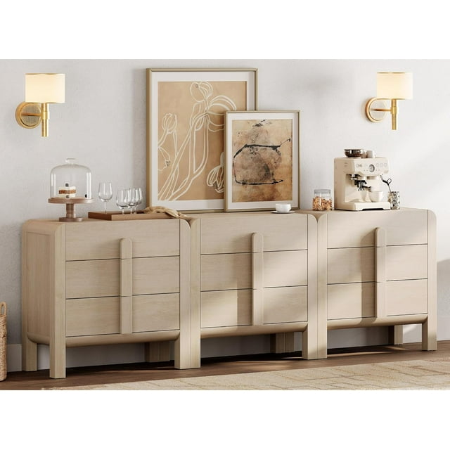WAMPAT Commode à 9 Tiroirs pour Chambre, Commode 3-en-1 de 94,5 Pouces de Large Style Mi-Siècle Moderne, Commode en Bois avec Poignées Courbées, Meuble Télé, Rangement de Garde-Robe pour Chambre Ou Salon, Chêne Clair